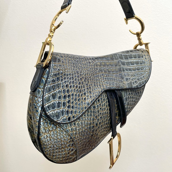 Dior crocodile bag Saddle Embossed Green/Blue gold hardware , rare find - Picture 3 of 16